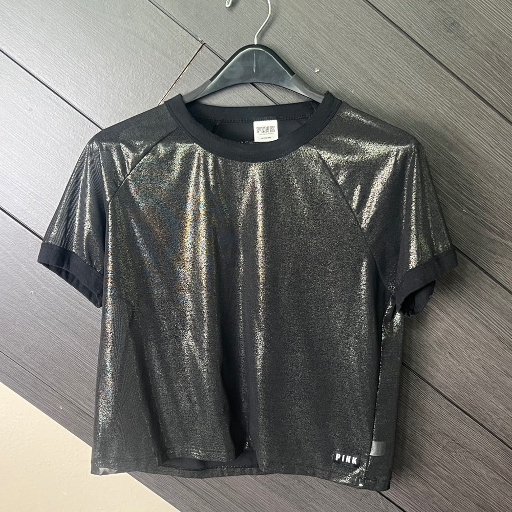 Victoria's Secret PINK Women Metallic Shimmer Crop‎ Tee Med Black Y2K Streetwear